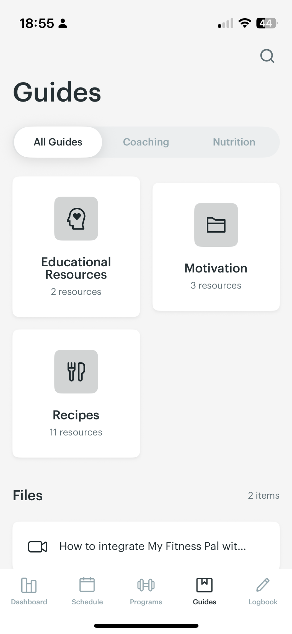 ARO app guides screen showing educational, nutrition and motivation resources