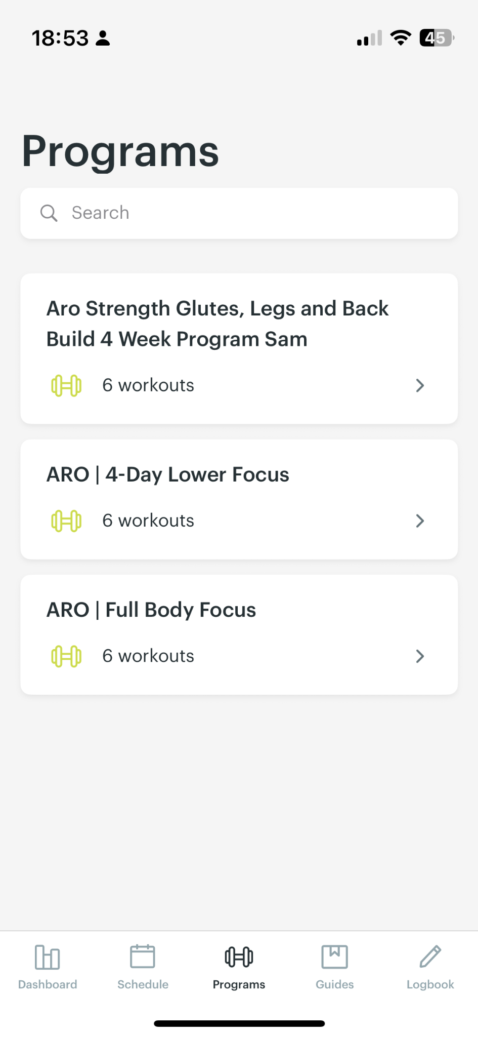 ARO app programmes screen showing personalised training programmes