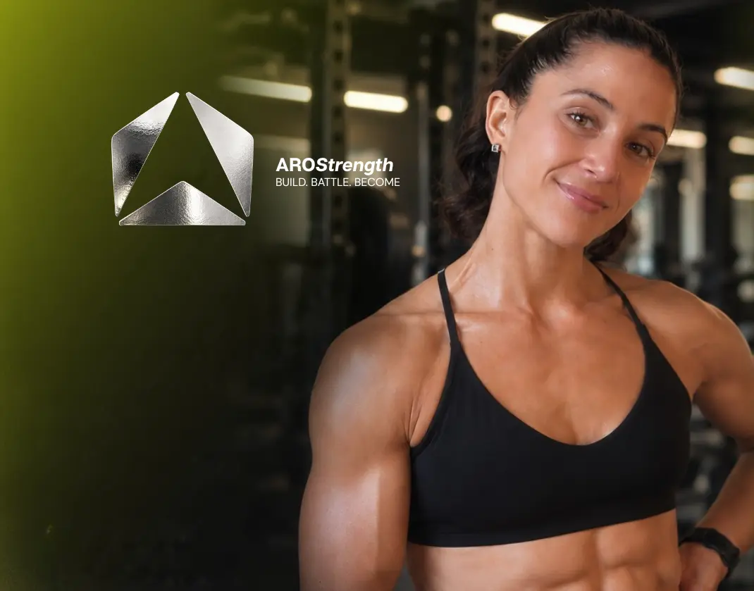 Samantha Lourens with the ARO Strength logo at Riley's Gym Cronulla